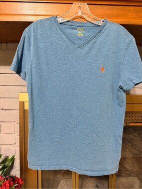 Polo by Ralph Lauren Blue V-Neck Short Sleeve Tee with Orange Pony